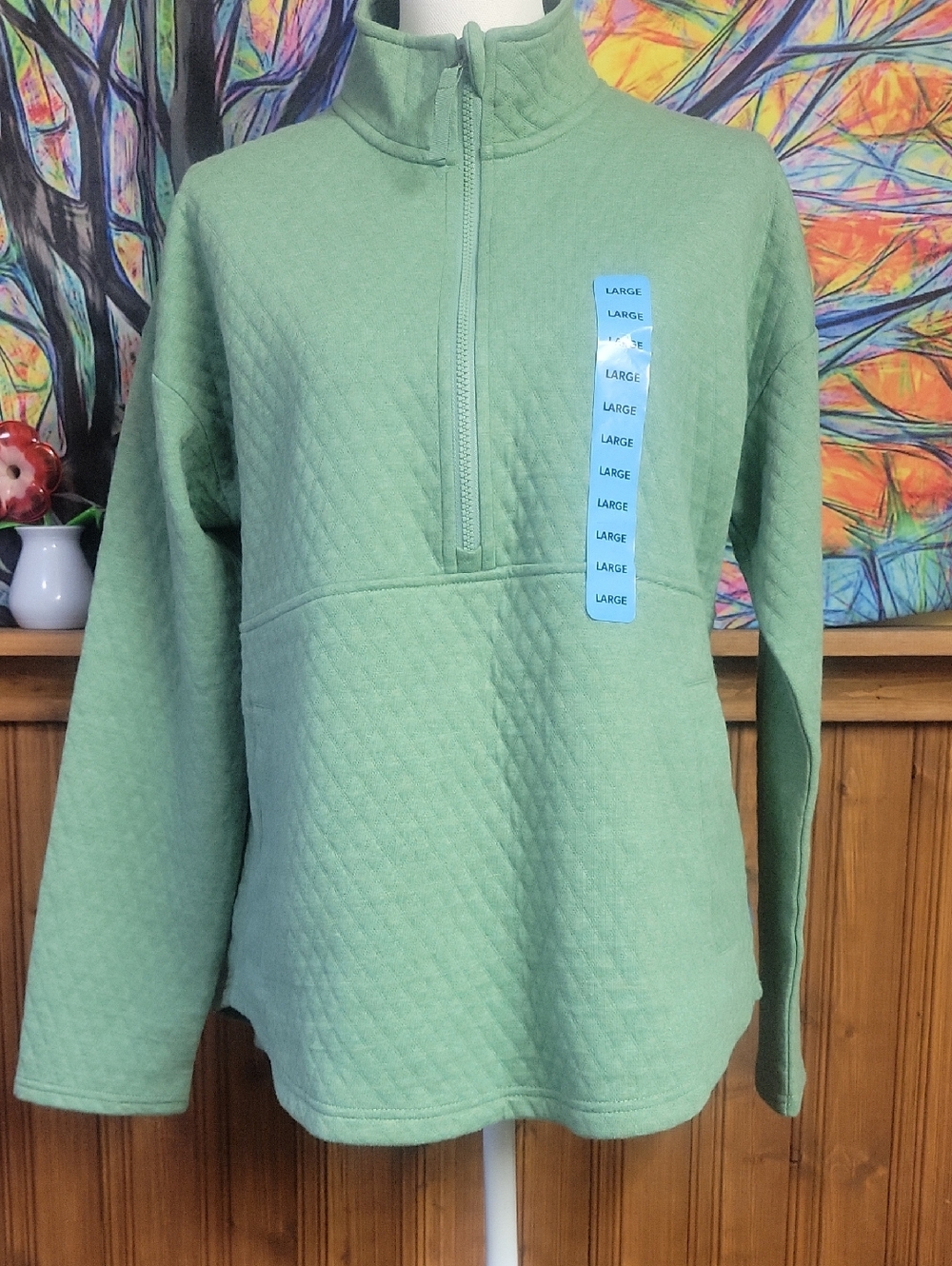 Eddie Bawer Heathered Green Quilted Half-Zip Women's Sweater Large